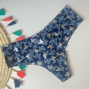 Victoria's Secret No Show Thong Panty Navy Noir Butterfly Small NEW